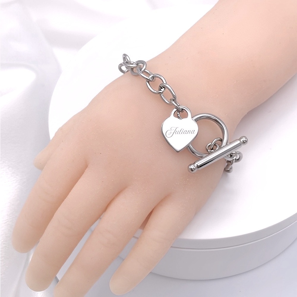 Child’s Stainless Steel Toggle Clasp Bracelet with Custom Name Heart Pendant